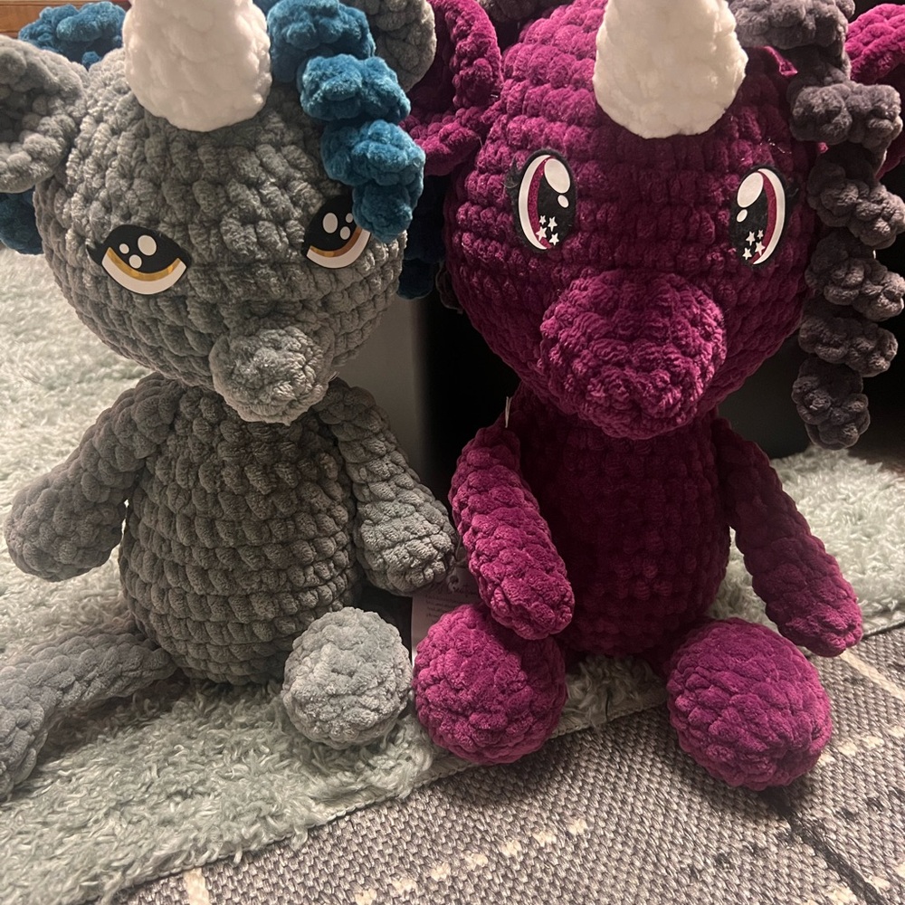 2 Plush Unicorn Dragons - Gray and Purple
